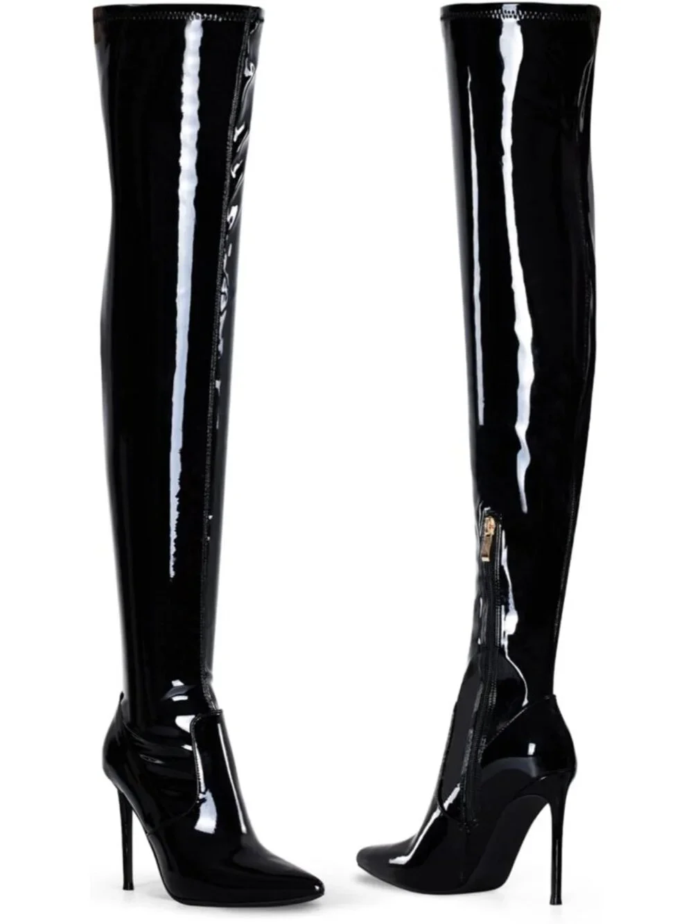 Women Black Patent 1 Pointed Toe Suede Stiletto Heel Stretch Over The Knee Boots